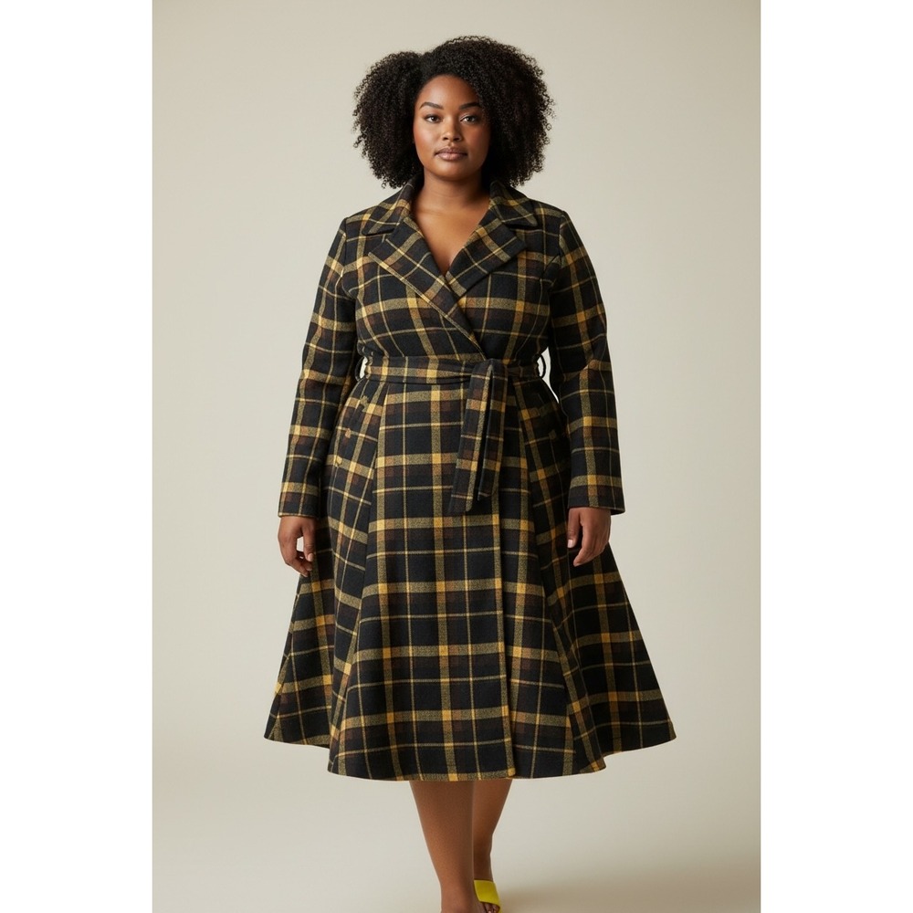 Torrid Wool Plaid Tie Front Coat Comet Plaid Black Brown Yellow 5X 28 41050025